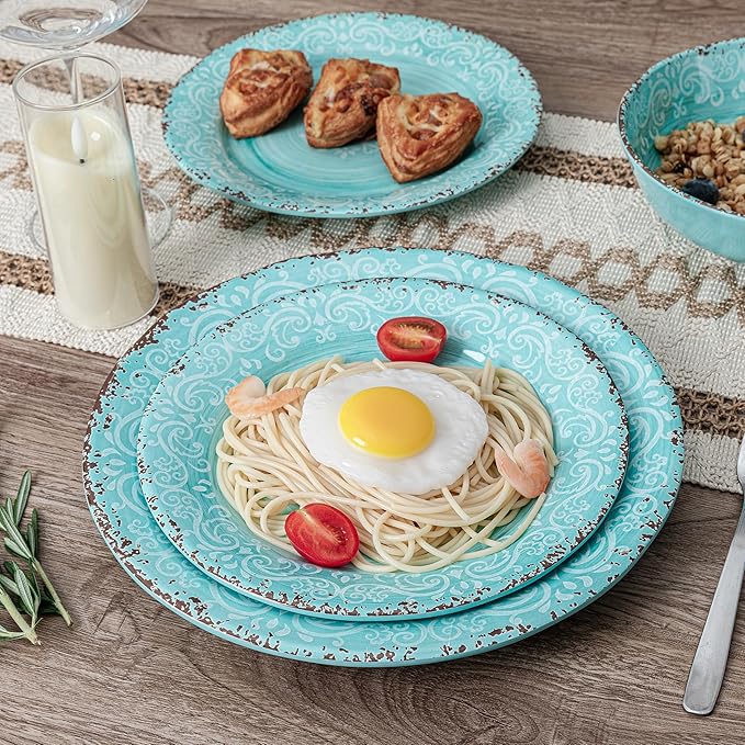 12-Piece Farmhouse Dinnerware Set, set of 4, 100% Melamine Dishes Serving Set with Plates and Bowls, Non-breakable and Lightweight Dinner Set for indoor and outdoor entertaining, Light Teal