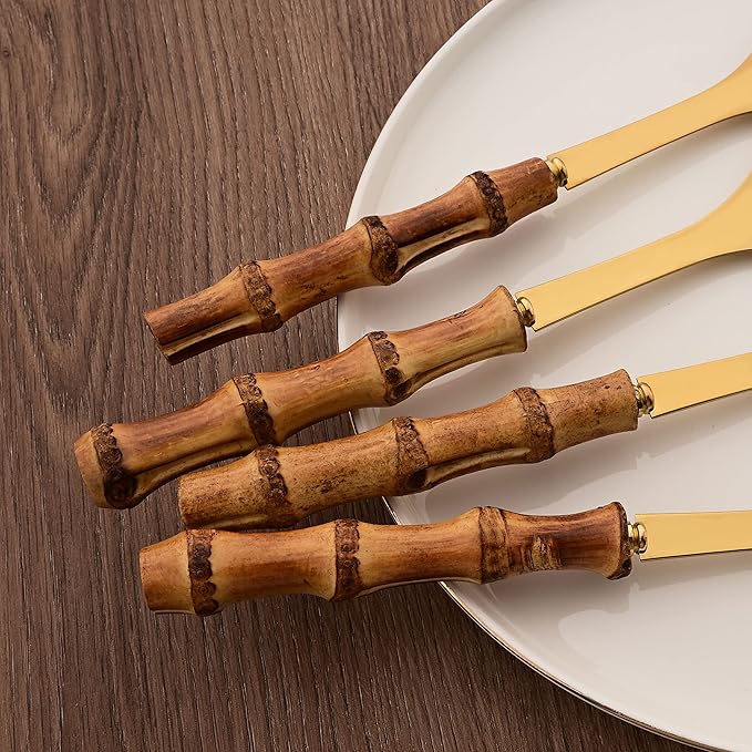 Natural Bamboo Handle Serving Utensils, Serving Spoon and Fork Set, Salad Servers Include 2 Large Serving Spoons and 1 Serving Fork, Stainless Steel Cutlery Set for Home/Party/Buffet, Gold