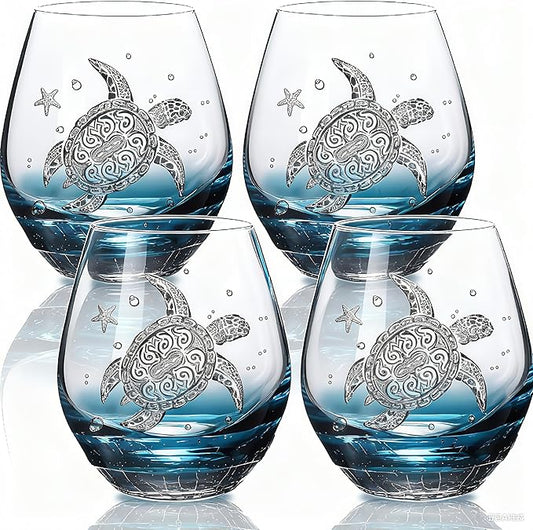 Sea Turtle Wine Glasses Set 4 - 13.3oz Crackle Teal Design, Hand blown Tortoise Wine Tumbler,Sea Turtle Gifts for Women, Birthday/Housewarming/Christmas Gifts for Seaturtle Lovers(4Count, Black)