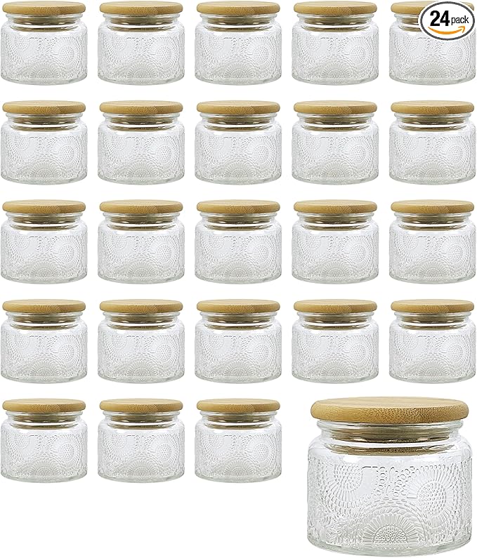 4 oz Mini Glass Jars with Airtight Bamboo Lids 24 pack, Decorative Small Food Storage Canister, Vintage Embossed Home Décor Candle Parties Wedding Baby Shower Favors Gift