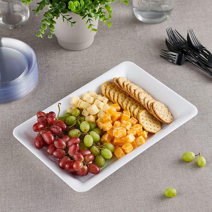 Plasticpro Plastic Serving Trays - Serving Platters Rectangle 10 X 14 Disposable Party Dish White Pack of 12