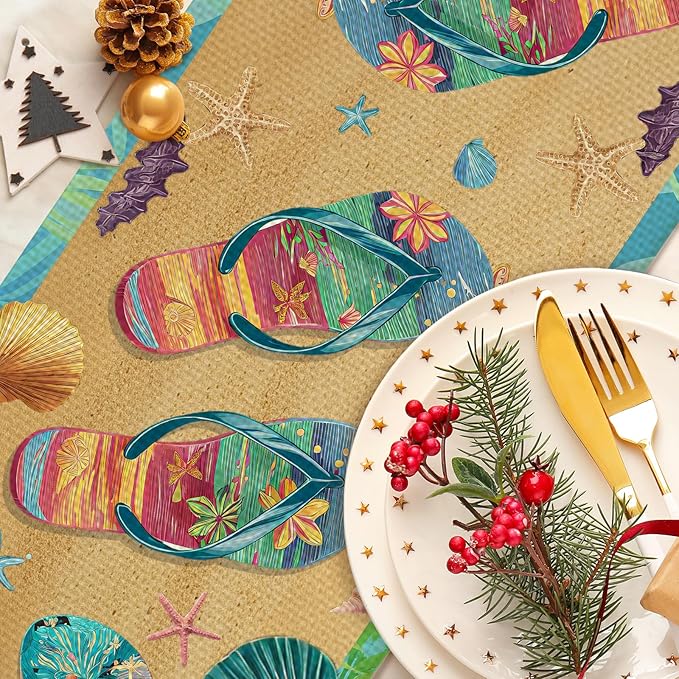 Beach Slippers Table Runner Seasonal Holiday Kitchen Dining Linen Table Decoration for Indoor Outdoor Home Party Decor 13 x 72 Inch