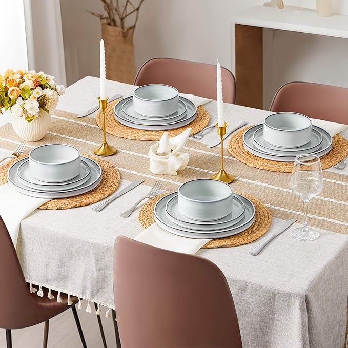 LIANYU Stoneware Dinnerware Dishes Sets for 4, 12 Piece Ceramic Plates and Bowls Dishware Set for Pasta Dessert Cereal, Rustic Terracotta Bottom, Microwave & Dishwasher Safe, Lucent White