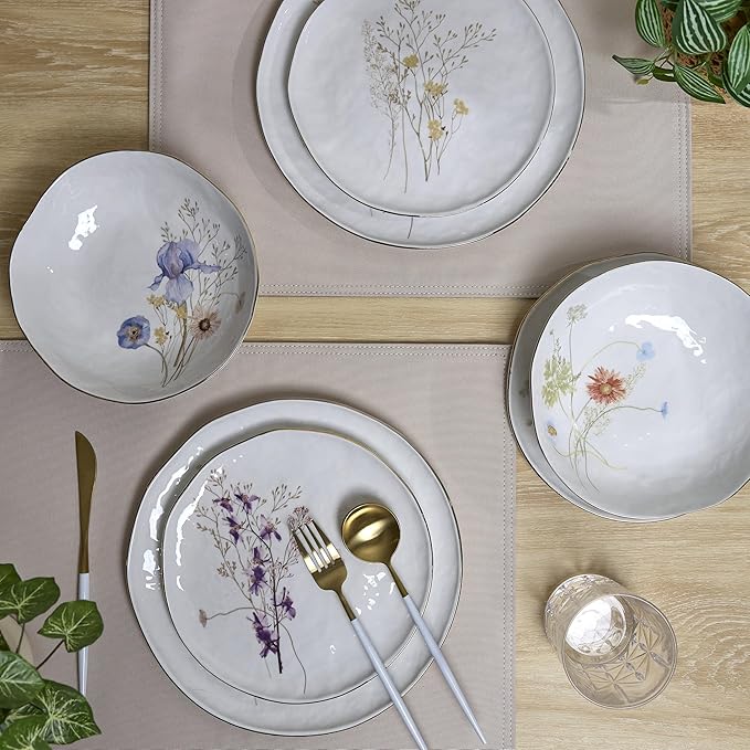 Sango 12-Piece Luxury Stoneware Dinnerware Set for 4- Glossy White Plates and Bowls Sets with Wildflower Patterns and Gold Rims, Ceramic Dish Set, Elegant Dishes for Everyday Dining, Gansevoort