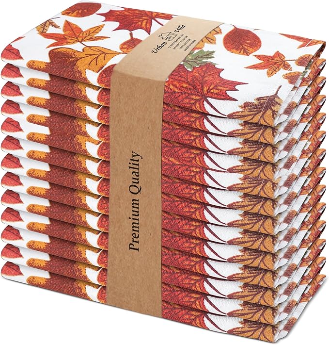 Urban Villa Cloth Napkins Set of 12 20x20 Inches 100% Cotton Napkins Cloth Washable Durable Reusable Absorbent Table Dinner Napkins Cloth for Thanksgiving Hotel Lunch Restaurant Parties – Leaves Print