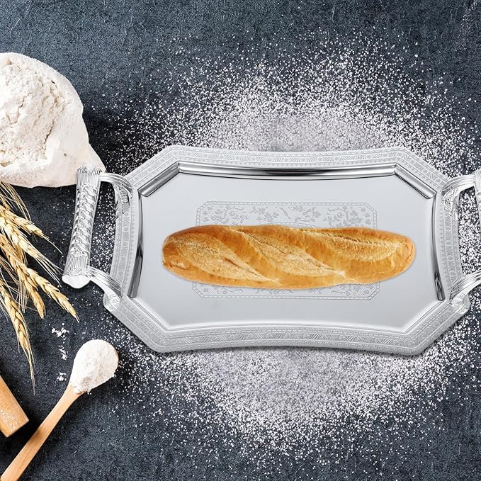 Silver Serving Tray: 11" Stainless Steel Serving Platter with Handles - Vintage Metal Rectangular Fruit Snack Tray for Dessert, Jewelry & Coffee Table Decor