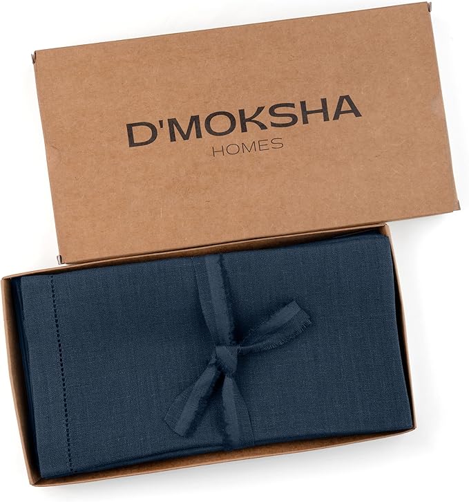 D'Moksha Homes Navy Blue Linen Napkins Set of 4 - Classic Hemstitch 100% Pure Linen Hemstitch Dinner Napkins 20 x 20 Inch for Winter, Christmas, Holiday, New Year - Handcrafted and Machine Washable