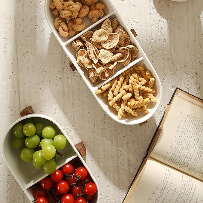 Divided Ceramic Serving Plate with Acacia Wood Base, Appetizers Platter for Home Decor(3-Compartment Plate), 14inch Divided Plate for Snack, Dessert, Fruit, Chip and Dip Serving Set