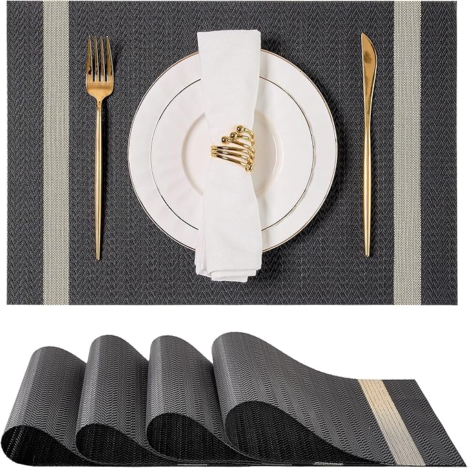 Leetaltree Sparkling Black Vinyl Woven Placemats Set of 4 - Washable Dining Table Place Mats Striped, Suitable for Wedding, Anniversary, Daily Use