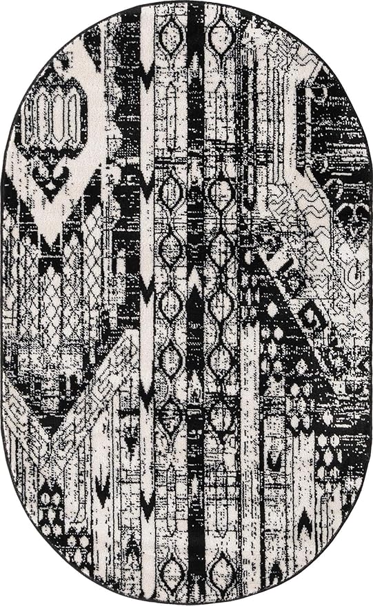 Rugs.com Oregon Collection Rug – 3' x 5' Oval Black and White Low-Pile Rug Perfect for Living Rooms, Large Dining Rooms, Open Floorplans