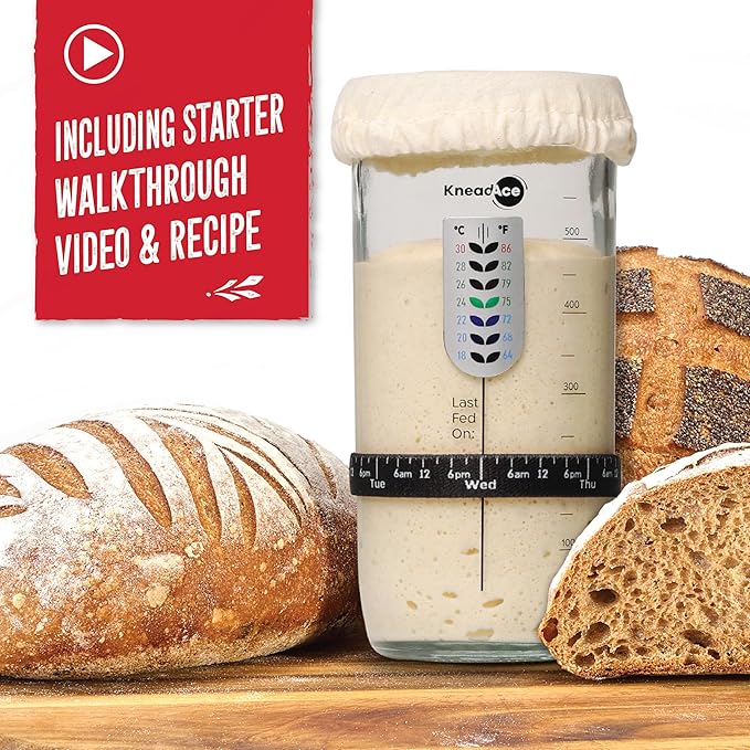 KneadAce Sourdough Starter Jar With Date Marked Feeding Band, Thermometer, Sourdough Jar Scraper, Sourdough Container Sewn Cloth Cover & Metal Lid, Sourdough Starter Kit