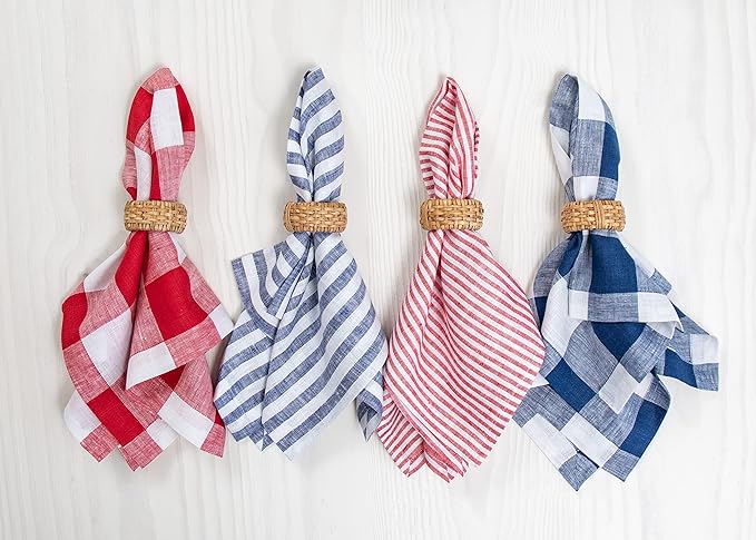 Solino Home Linen Napkins Set of 4-100% Pure Linen Narrow Stripe Red and White Cloth Dinner Napkins 20 x 20 Inch - Handcrafted and Machine Washable - Christmas, Holiday, Winter, New Year