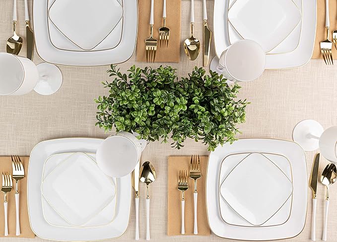 PLASTICPRO Square 64 Piece Combo Plates Set includes 32 x 7'' inch Plates & 32 x 10'' inch Dinner Plates White Plastic Gold Rim Design Party Plates, Premium heavyweight Elegant, Dishes,