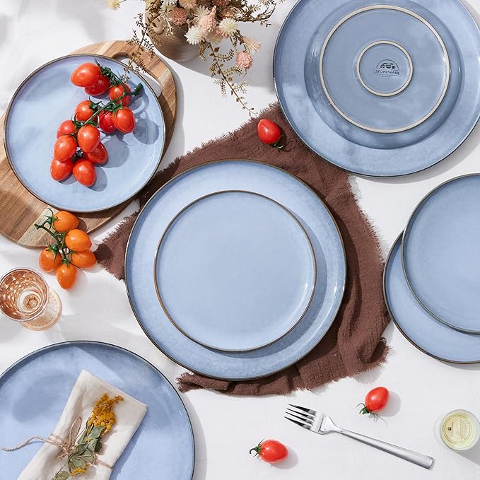 Herogo 4-Piece Stoneware Dinner Plates Set, 7.9" Ceramic Round Dessert Plate Set, Small Handmade Double Reactive Glaze Dinnerware Plates for Kitchen, Microwave, Oven and Dishwasher Safe, Haze Blue