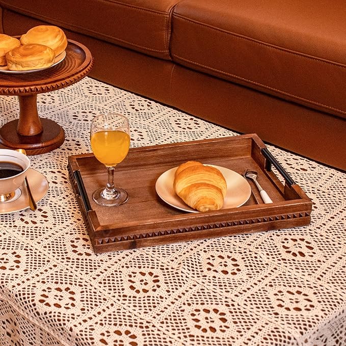 Wooden Serving Trays with Metal Handles Vintage Ottoman Tray 15 X 11 Wooden Retro Decorative Trays with Geometric Beads for Coffee Table & Home Decor (1 Pack)