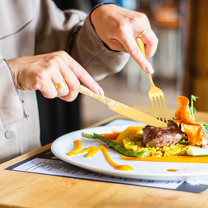 Stapava 20-Piece Gold Silverware Set for 4, Stainless Steel Flatware Cutlery Set, Unique Tableware Utensil Sets Include Forks, Spoons and Knives Set, Mirror Polished, Dishwasher Safe