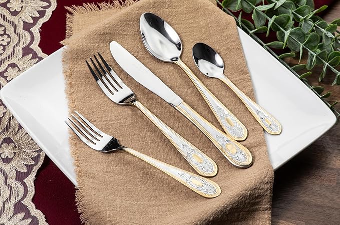 40 Piece Flatware Set - Includes 5 Piece Hostess Set - Vintage Design Handle with Gold Detailing - 18/10 Stainless (45 Piece, Lucca)