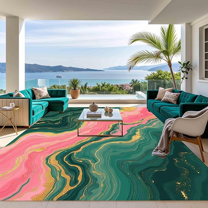 Green Pink Gold Unique Marble Wavy Design Indoor Area Rug 6x9 for Living Room Bedroom Dining Room Washable Non Skid Soft Large Carpet Guestroom Kitchen Dorm Floor Mats Modern Abstract Floor Rugs