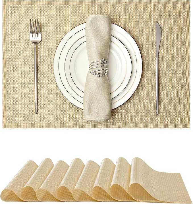 Leetaltree Sparkling Gold Sequin Woven Vinyl Placemats, Set of 8 - Waterproof & Washable Dining Table Mats for Wedding, Anniversary, Daily Use, Hand-Cut