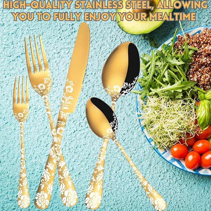 Vilihkc Gold Silverware Flatware Set for 4 Stainless Steel Cutlery Utensil Set, 20 piece Spoon and Fork Set Peony Flower Pattern Design, Mirror Polished Dishwasher Safe