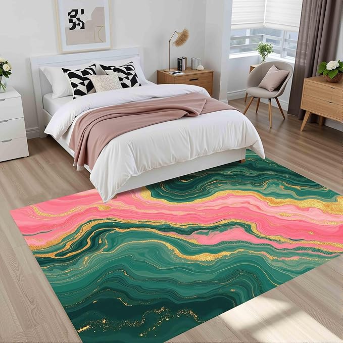 Green Pink Gold Unique Marble Wavy Design Indoor Area Rug 6x8 for Living Room Bedroom Dining Room Washable Non Skid Soft Large Carpet Guestroom Kitchen Dorm Floor Mats Modern Abstract Floor Rugs