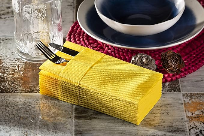 Yellow Dinner Napkins Cloth Like with Built-in Flatware Pocket, Linen-Feel Absorbent Disposable Paper Hand Napkins for Kitchen, Bathroom, Parties, Weddings, Dinners or Events, 1/8 Fold, Pack of 50
