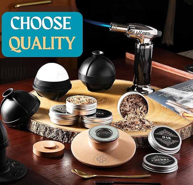 Cocktail Smoker Kit - Whiskey Bourbon Drink Smoker with Torch, Custom Top, 2 Ice Ball Makers, 4 Flavors Wood Chips - Smokers for Whiskey Drinks - Cocktail Drink Smoking Kit - Unique Gifts for Him