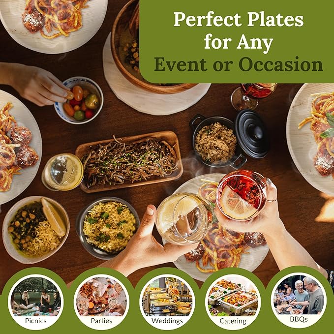Round Palm Leaf Plates 10 Inch, 50 Pack Disposable Party Plates, Heavy-Duty Compostable & Biodegradable, Microwave Safe Eco-Friendly Bamboo-Style Plates for Parties, Weddings & BBQs