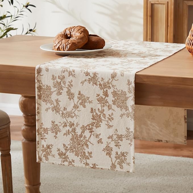 100% Cotton French Pastoral Table Runners, 13x90 Inch Brown Farmhouse Table Runners 90 Inches Long, Vintage Flowers Print Home Decors