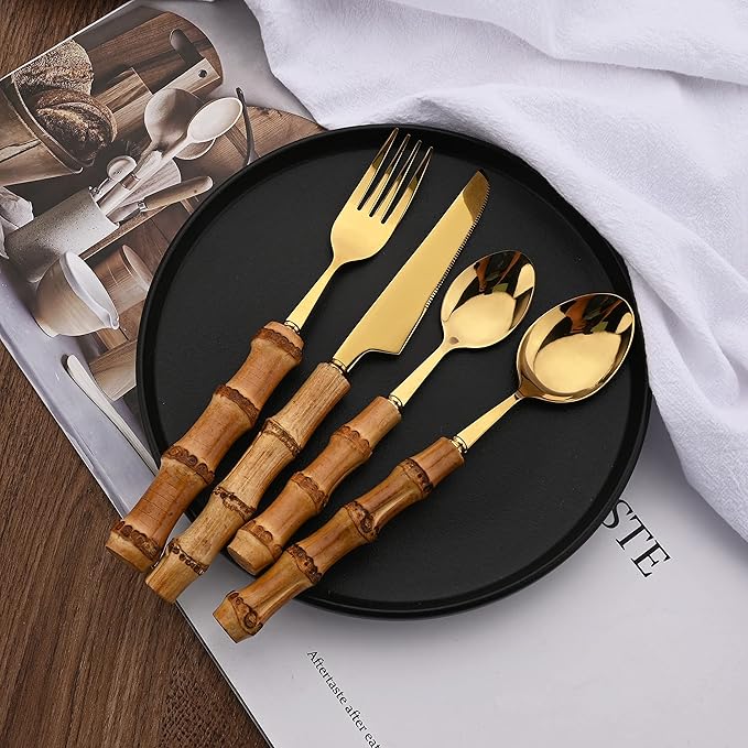 40 Pcs Bamboo Handle Cutlery Sets, Natural Bamboo Flatware Set for 10, Gold Stainless Steel Silverware Set for Home Party Restaurant, Handcrafted Eating Utensils, Include Knife Fork Spoon
