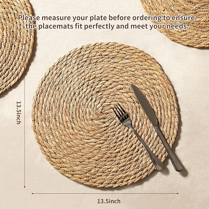 Round Woven Placemats Set of 8, 13.5'' Boho Rattan Chargers for Dinner Plates, Rustic Wicker Place Mats, Straw Braided Table Placemats, for Dining Table Decor, Wedding, Farmhouse and Home Decor