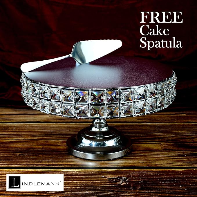 Decorative Cake Stand with Mineral Crystals & Spatula Round Metal Pedestal Cupcake Stands for Donuts Desserts Birthday Wedding Baby Shower Anniversary Holiday Dinner Party (Silver, 13.5")