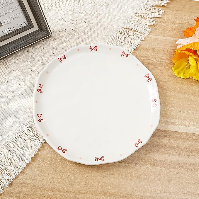 Koythin Floral Ceramic Dinner Plates, 8" Microwave Safe Dishes for Pasta, Modern Rustic Appetizer Plate for Salad Fruits Dessert Cake (Pink Bow)