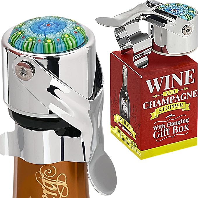 Wine Stopper & Champagne Stopper All In One - Patented Seal, Preserves Bubbles & Taste for Prosecco, Cava, and Wine – 1 Pro Grade Evan James Bottle Stopper With Hanging Gift Box