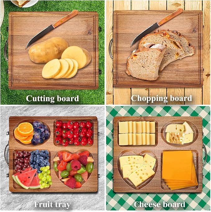 Double Side Acacia Wood Serving Tray, Serving Platters and Trays, Charcuterie Boards Wooden Tray with Vintage Metal Handles, Wooden Cutting Boards for Kitchen, Trays for Serving Food Serving Platter