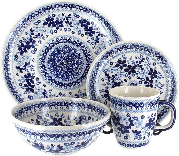 Blue Rose Polish Pottery - Vintage Blue Daisy 16 Piece Dinner Set - 4 Place Settings - Great for Everyday Dining, Casual Dining, or as Formal Dinnerware