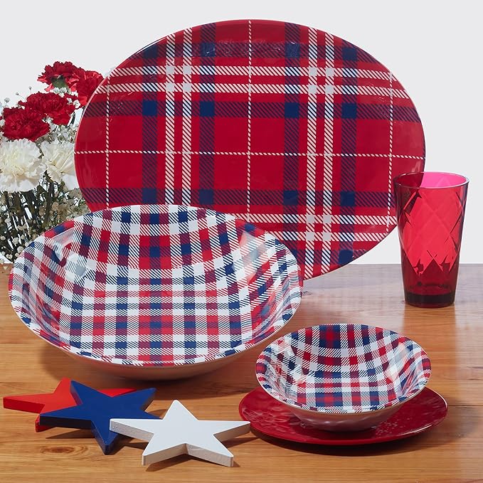 Certified International Patriotic Plaid 12 Piece Melamine Dinnerware Set, Service For 4