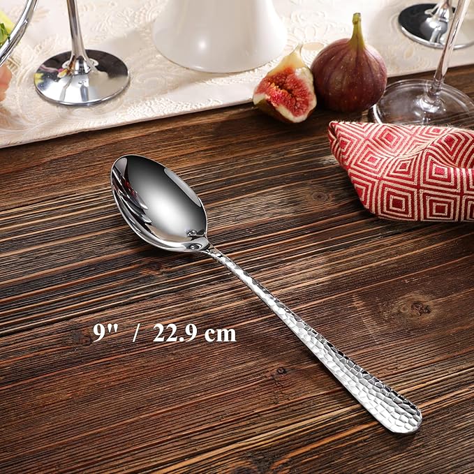KEAWELL Premium Louise Hammered Serving Spoon Set, 18/10 Stainless Steel, 9" Fine Hostess Utensils with Round Edge, Dishwasher Safe (Set of 4)