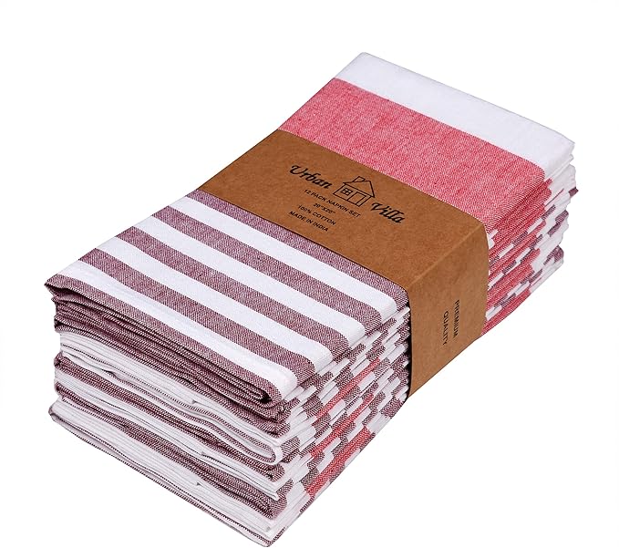 Urban Villa Christmas Dinner Napkins Horizontal Stripes Cloth Napkins Set of 12 Garnet/Red Color Dinner Napkins 20x20 Inches 100% Cotton Over Sized Cloth Napkins with Mitered Corners DinnerNapkins