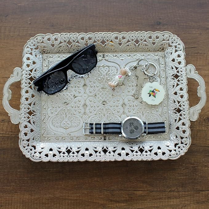 Turkish Vintage Style Entertaining Tray - |15.4” x 10.2”Multi-Purpose, Non-Tarnishing, Zamak Alloy, Decorative Ottoman Style - Rectangular Serving Tray for Coffee & Beverages (Silver)
