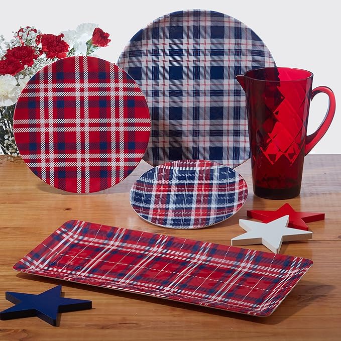 Certified International Patriotic Plaid 12 Piece Melamine Dinnerware Set, Service For 4
