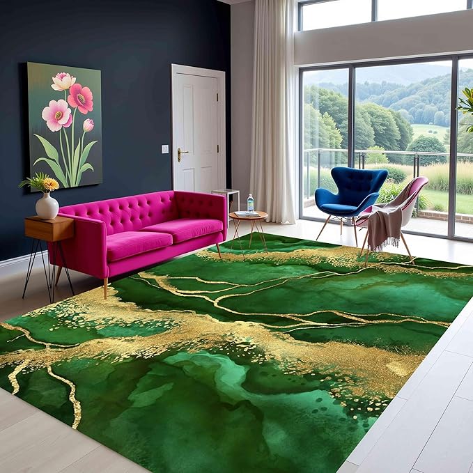 Emerald Green Gold Natural Liquid Aesthetic Area Rug 7x12 for Living Room Bedroom Dining Room Modern Abstract Marble Texture Indoor Rugs Nursery Dorm Farmhouse Soft Non Shedding Washable Lux Carpet