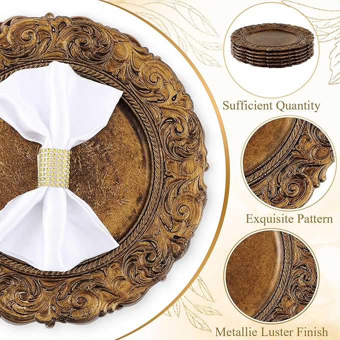 12 Pcs Antique Gold Charger Plates Bulk 13 Inch Embossed Rim Plastic Round Decorative Vintage Plates Charger for Dinner Wedding Party Event Table Setting Decoration (Classic)