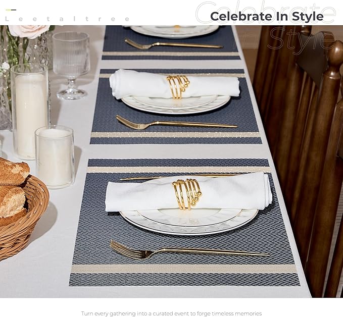 Leetaltree Sparkling Dark Blue Vinyl Woven Placemats Set of 8 - Washable Dining Table Place Mats Striped, Suitable for Wedding, Anniversary, Daily Use