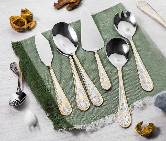40 Piece Flatware Set - Includes 5 Piece Hostess Set - Vintage Design Handle with Gold Detailing - 18/10 Stainless (45 Piece, Lucca)