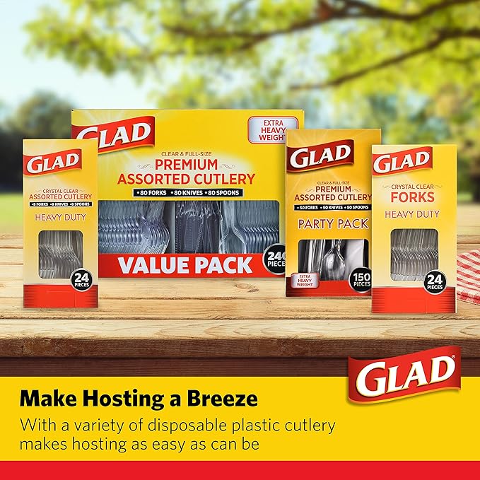 Glad Disposable Plastic Cutlery, Assorted Set | Clear Extra Heavy Duty forks, Knives, And Spoons | Disposable Party Utensils | 240 Piece Set of Durable and Sturdy Cutlery (6 Pack, 1,440 Pieces Total)