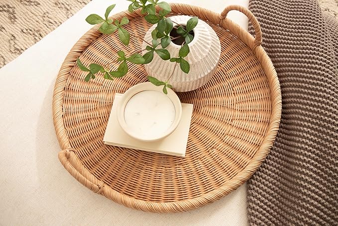 Kate and Laurel Cormont Modern Round Woven Rattan Tray with Handles; 23 Inch Diameter; Natural Rattan; Decorative Circle Boho Tray for Use as Versatile Ottoman Tray or Serving Platter