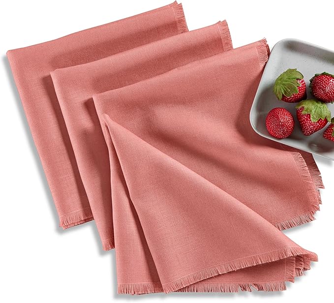 Solino Home Dusty Rose Linen Napkins Set of 4-100% Pure Linen Fringe Dinner Napkins 20 x 20 Inch