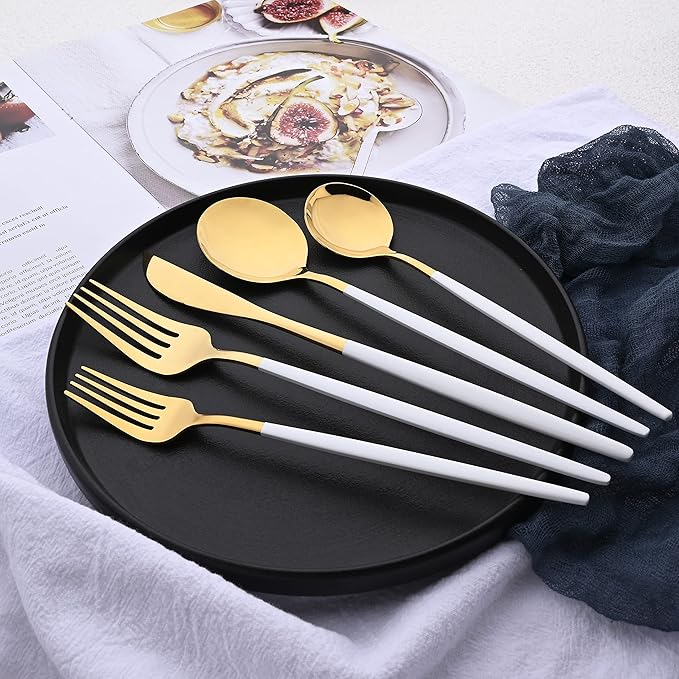 60-Piece Modern Matte Silverware Set, Uniturcky 304 Stainless Steel Flatware Cutlery Set, Elegant Kitchen Utensils Service For 12, Includes Dinner Knives/Spoons/Forks,White Gold Satin Finish