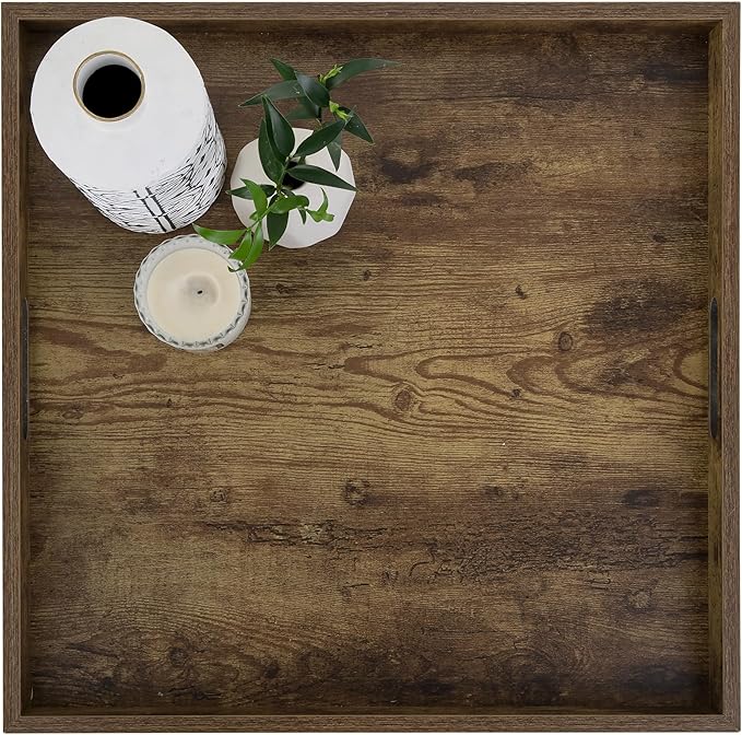 Hanobe Serving Tray for Ottoman Large: Rustic Brown Coffee Table Trays 20 Inch Square with Handles for Living Room - Farmhouse Extra Oversized Wood Decorative Topper for Kitchen Parties